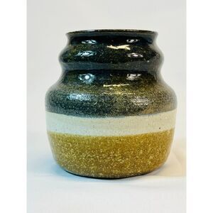 Studio Pottery Wide Mouthed Vase Signed M1 Neutral Stripe Home Decor Accent